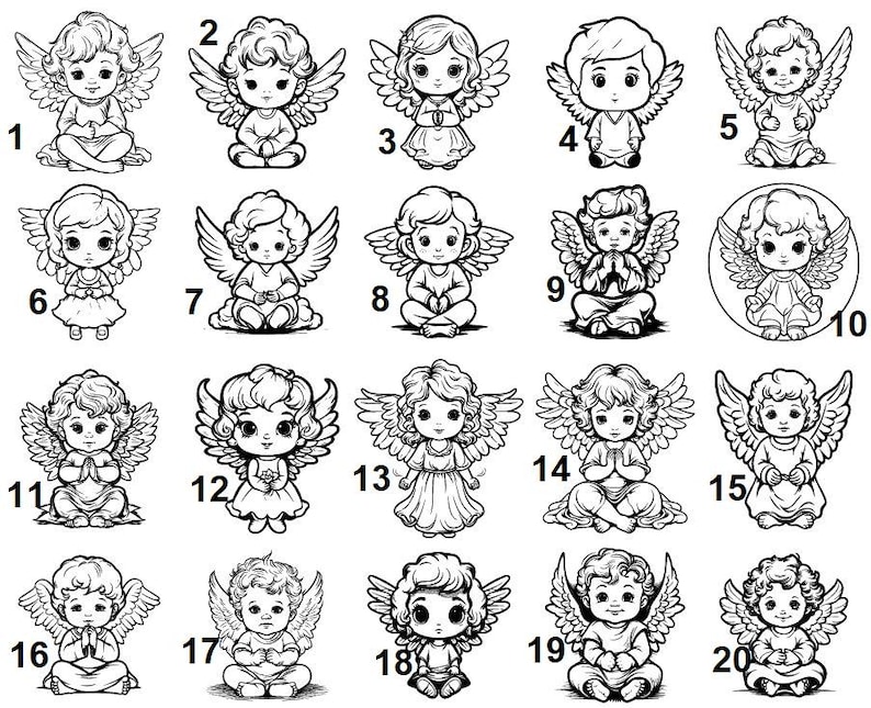 May include: A collection of 20 black and white angel illustrations. Each angel has wings and is depicted in various poses, including sitting, praying, and holding objects. The illustrations are numbered from 1 to 20.