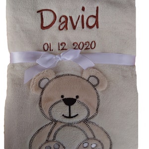 Baby blanket in beige with teddy bear motif embroidered with name / date of birth Gift Baby Bear Baptism Birth Personalization image 3