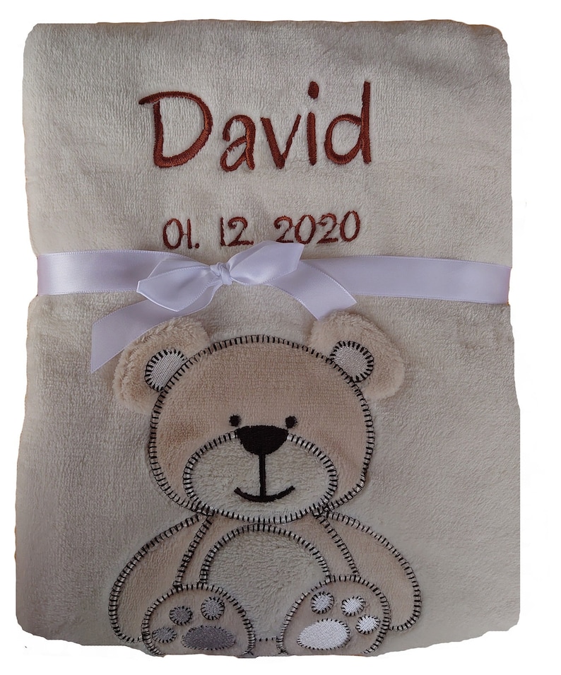 Baby blanket in beige with teddy bear motif embroidered with name / date of birth Gift Baby Bear Baptism Birth Personalization image 3