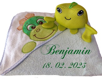 Baby Kapuzentuch grün Dino mit Namen bestickt mit Badetier Krabbe Babygeschenk Taufgeschenk Geburt boy Junge Handtuch Kind Kapuze towel