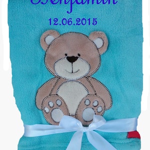 Baby blanket with name embroidered turquoise bear baby blanket