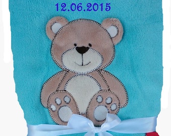 Baby blanket with name embroidered turquoise bear baby blanket