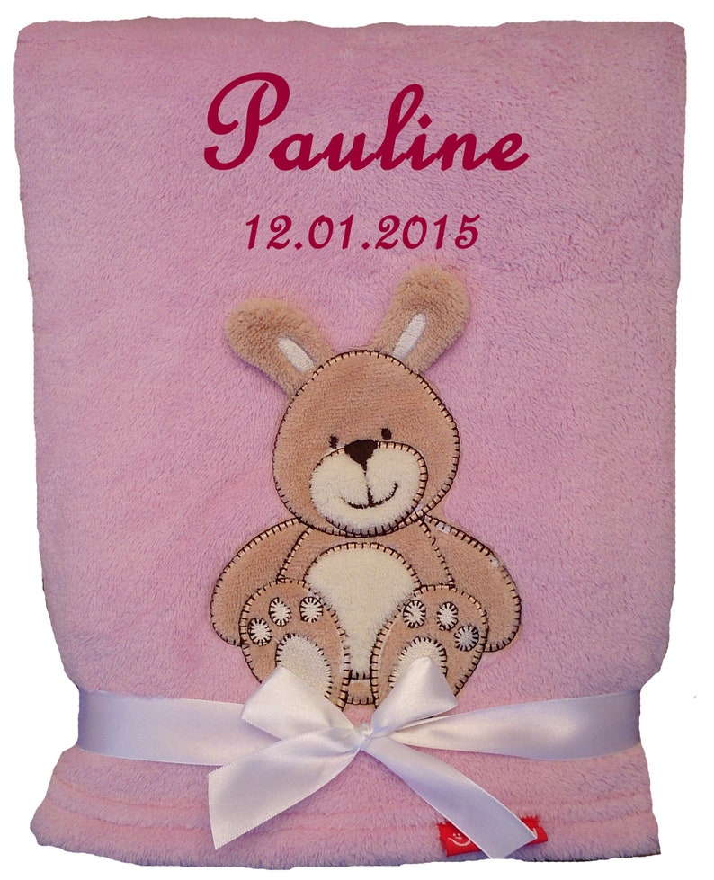 Babydecke mit Namen bestickt kuschlig Taufe Geburt rosa Hase