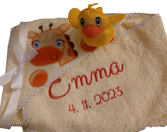 Baby Kapuzentuch beige Giraffe mit Namen bestickt mit Badetier Seestern Babygeschenk Taufgeschenk Geburt Junge Mädchen orange Handtuch Kind