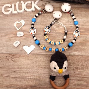 Kinderwagenketting pinguïn met naam, cadeau voor baby's, doopcadeau, cadeau voor geboorte jongen, speenketting gepersonaliseerd, speenketting, jongen