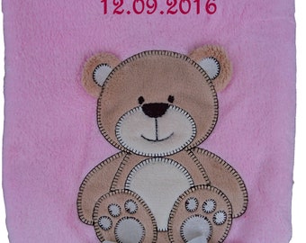 Baby blanket with name embroidered pink bear baby blanket