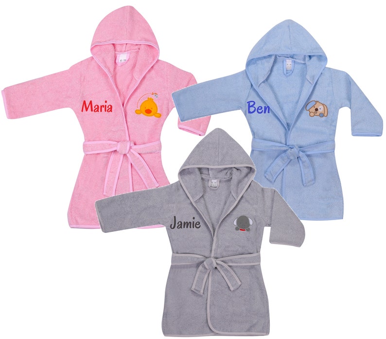 Albornoz Niños Bebé Bordado con Nombre Poncho Cumpleaños Regalo De Bautismo Algodón Rosa Gris Azul Albornoz Infantil Perro Personalizado imagen 1