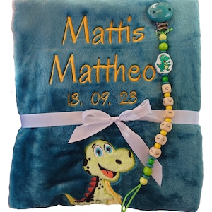 Baby blanket in petrol with dino, with name and date of birth embroidered with pacifier chain personalized gift baby baptism birth girl boy