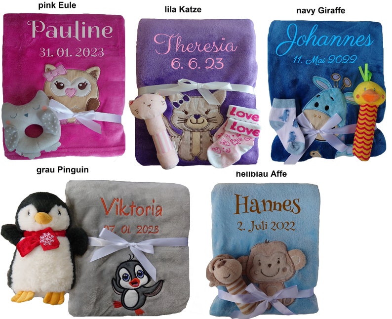 Babydecke mit Namen bestickt Zugabe Rassel Greifling Socken Geschenk Baby Taufe Geburt Mädchen Junge personalisiert Babygeschenk blanket Bild 4