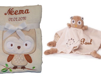 Baby blanket owl embroidered with name + cuddly towel