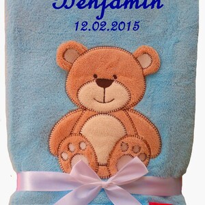 Baby blanket embroidered with name, cuddly baptism birth hellblau Bär