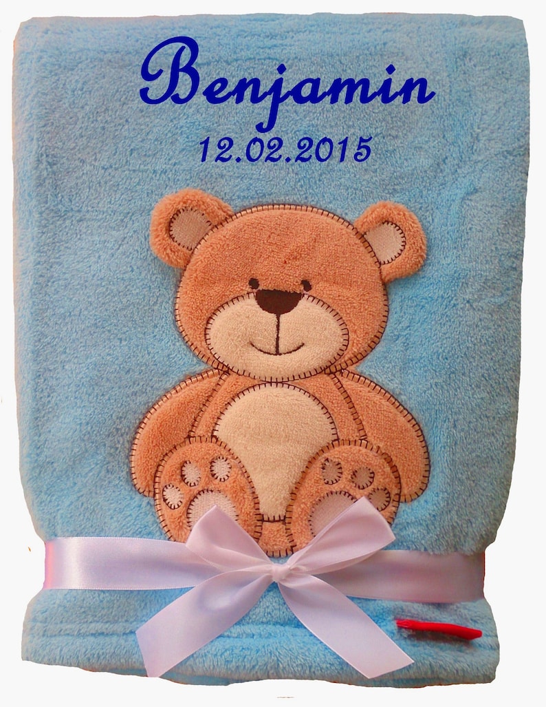 Baby blanket embroidered with name, cuddly baptism birth hellblau Bär