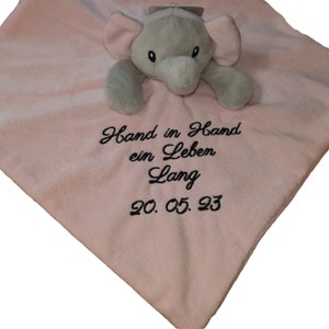 Baby cuddle cloth elephant embroidered with saying gift baptism birth birthday comforter toy child pink blue