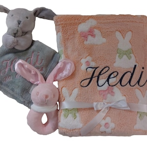 Baby gift set pink rabbit made of baby blanket cuddle cloth rattle with name embroidered gift set Easter baptism birth girl blanket party
