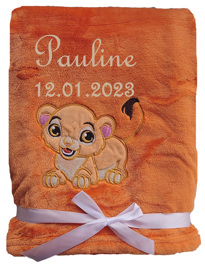 Baby blanket embroidered with name, cuddly baptism birth orange Löwe