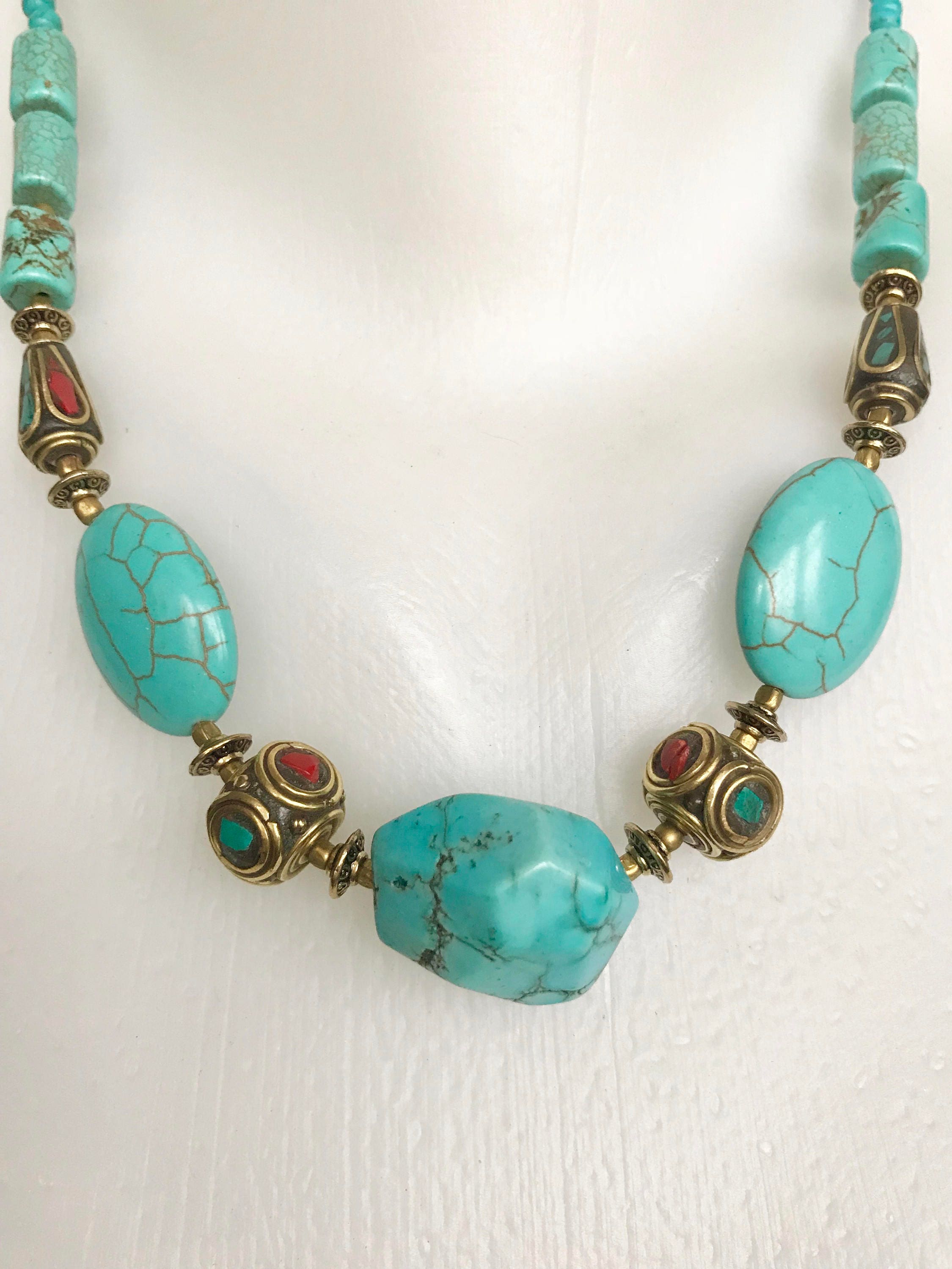 Turquoise Necklace Blue Necklace Tibetan Necklace Brass | Etsy UK