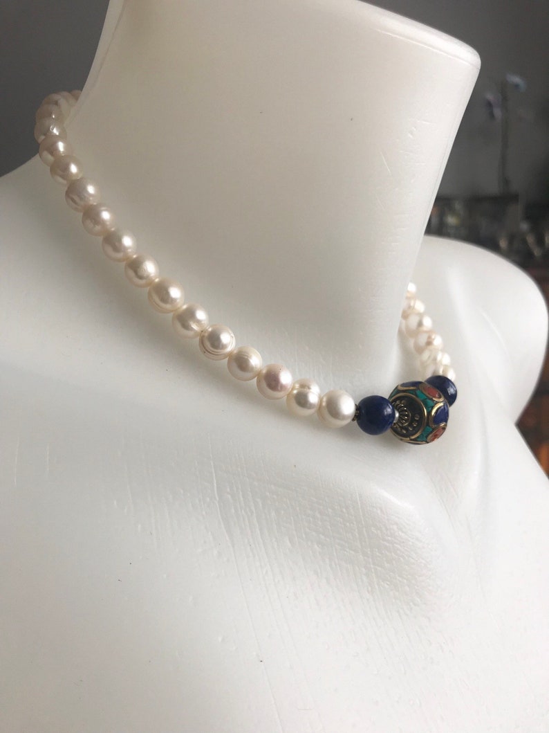 Beaded necklace Lapis necklace Pearl necklace Lapis Pearl necklace freshwater pearl