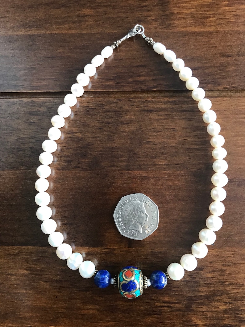 Beaded necklace Lapis necklace Pearl necklace Lapis Pearl necklace freshwater pearl