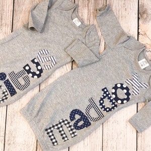 Baby boy coming home outfit// boy name gown// newborn boy outfit// navy and gray baby