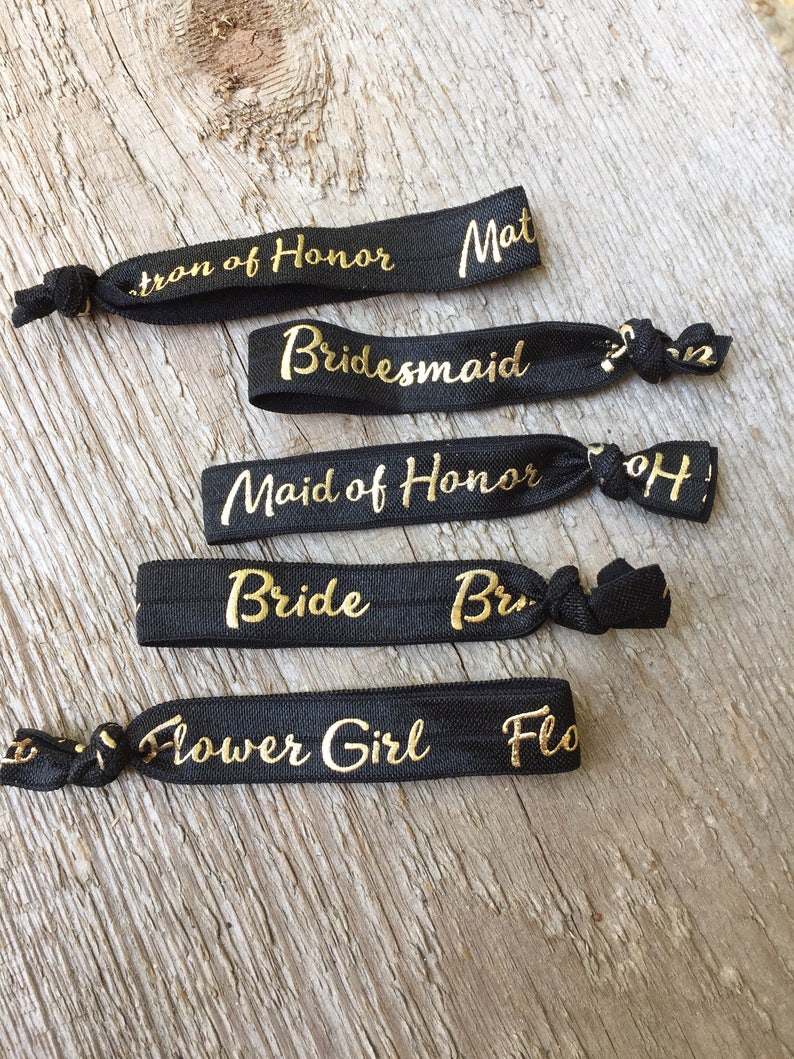 Black bridesmaid hairties// will you be my bridesmaid// maid of honor hairtie//bridesmaid ponytail holder image 1