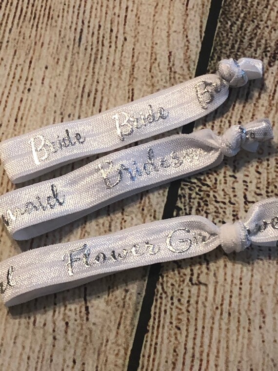 Bridesmaid Hair Ties// Flower Girl Hair Tie// White and Silver Etsy