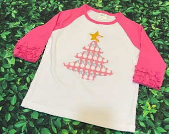 Christmas shirt girl 5T , Christmas tree raglan Christmas, Christmas shirt for girl