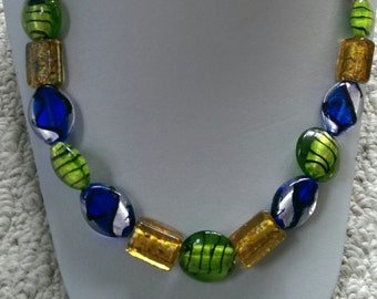 Glass lampwork cobalt blue and green beaded necklace