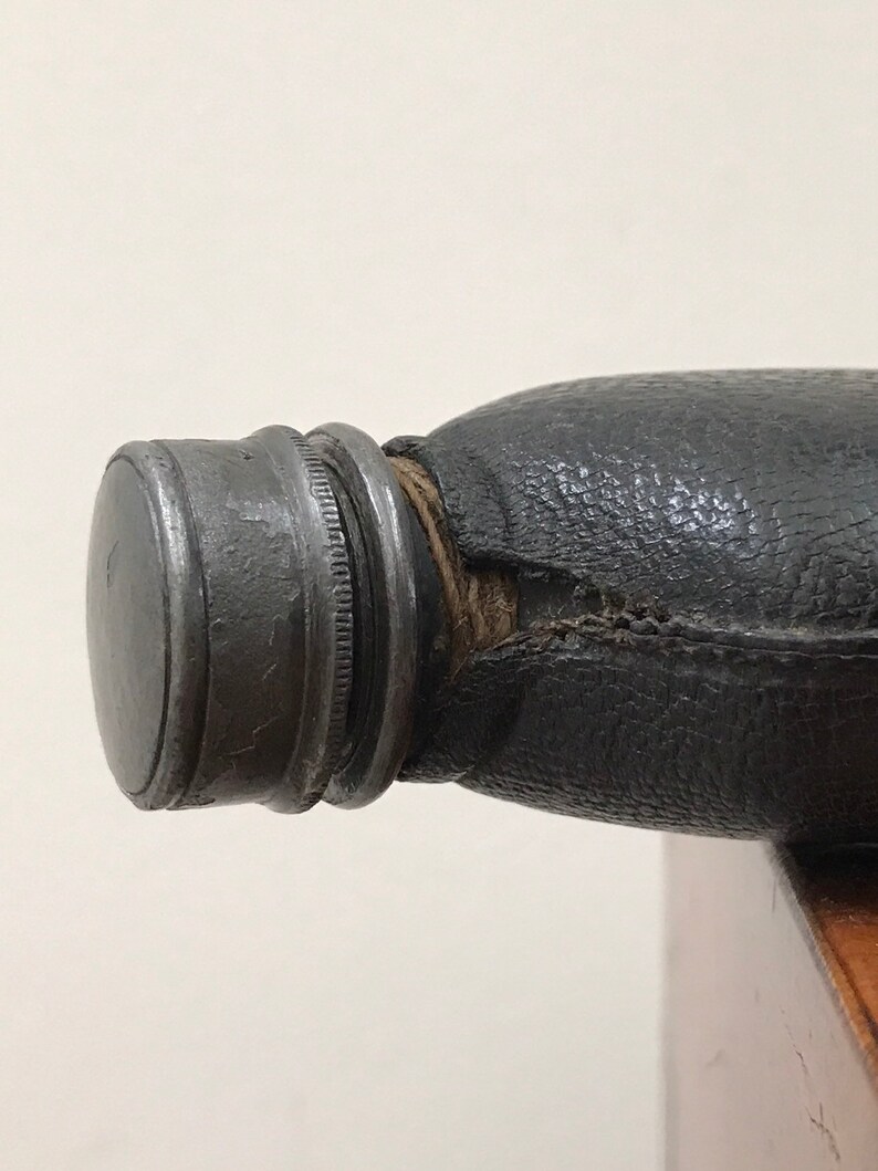 5\u201d gift Victorian England half leather and pewter with removable Cup outdoor pursuits hunting Antique Spirit Flask fishing shooting