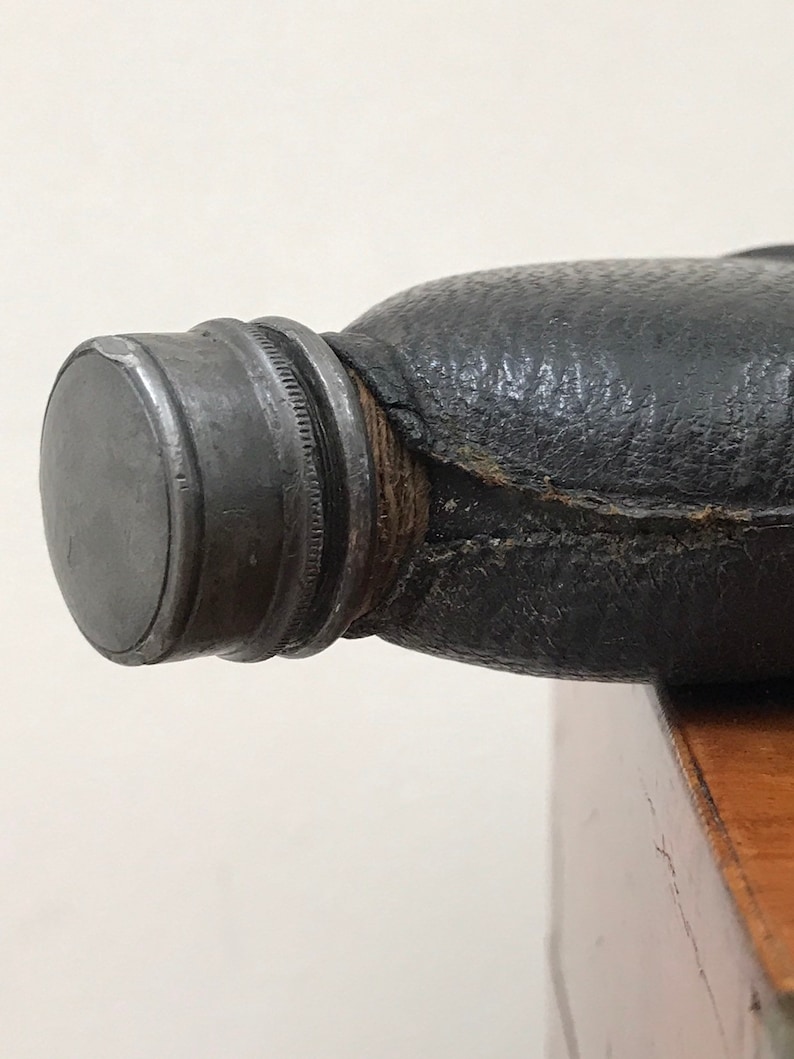 5\u201d gift Victorian England half leather and pewter with removable Cup outdoor pursuits hunting Antique Spirit Flask fishing shooting