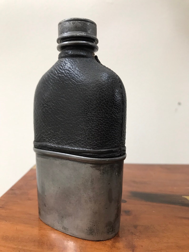 5\u201d gift Victorian England half leather and pewter with removable Cup outdoor pursuits hunting Antique Spirit Flask fishing shooting