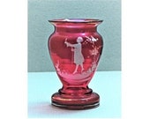 Vintage Squat Vase Mary Gregory Cranberry Glass Enamel Cameo Victorian Man w Cane Bird Bohemian or EAPG Bud Vase-Toothpick Holder-Egg Cup