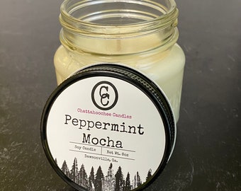 Peppermint Mocha- Mason Jar Soy Candle | Christmas Candle, Holiday Candles, Gifts for Her, Gifts For Him, Teacher Gifts, 8oz