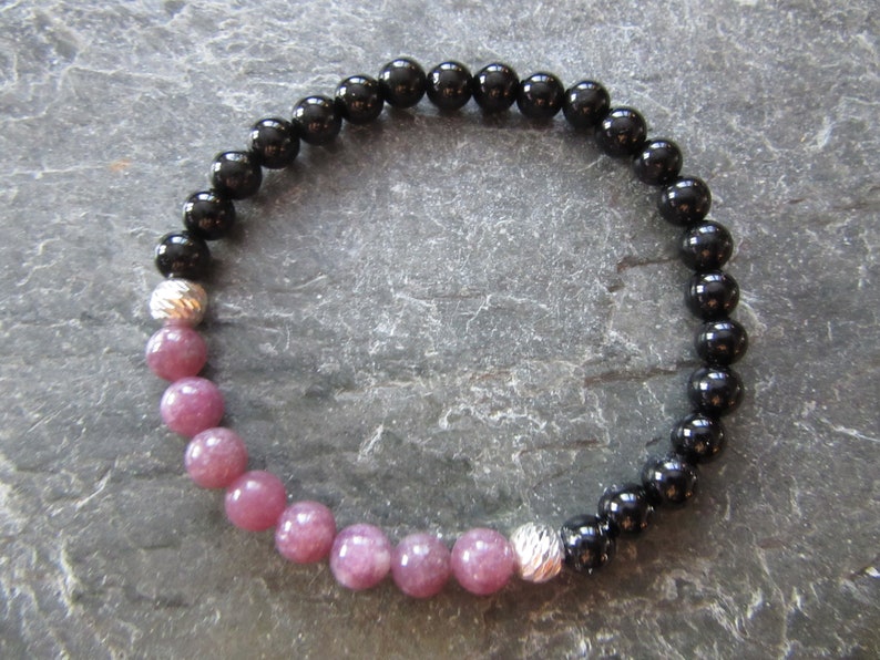 Stretch bracelet silver sterling 925 beads 6mm The lepidolite and tourmaline bracelet 6mm 2 genuine stones Reiki infused