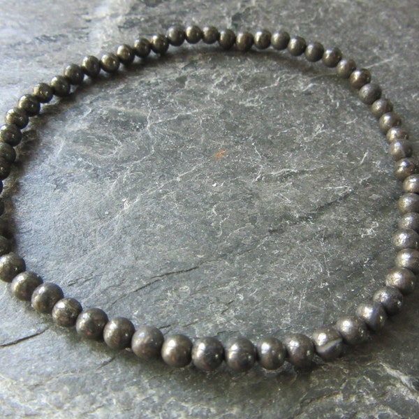 Handmande anklet in natural pyrite beads 4mm, genuine stones, stretch cord, Reiki infused