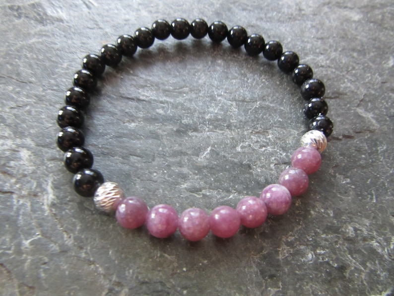Stretch bracelet silver sterling 925 beads 6mm The lepidolite and tourmaline bracelet 6mm 2 genuine stones Reiki infused