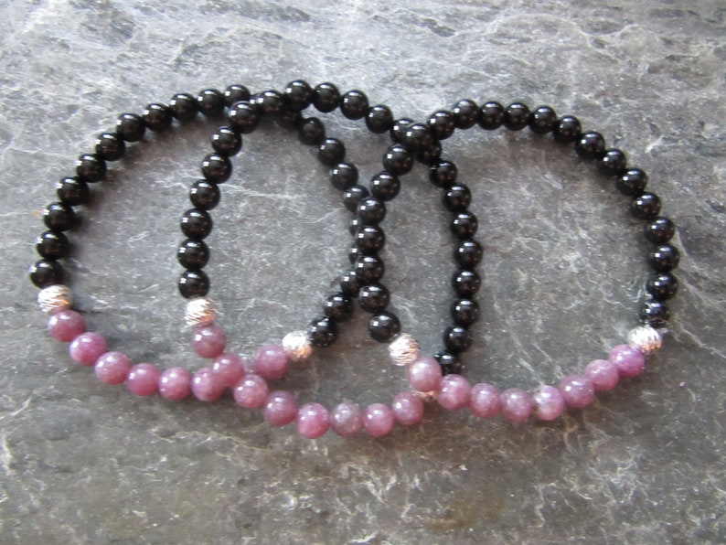 Stretch bracelet silver sterling 925 beads 6mm The lepidolite and tourmaline bracelet 6mm 2 genuine stones Reiki infused