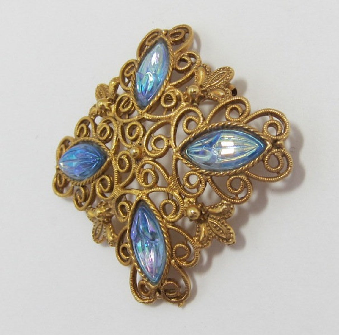 Aquamarine Rhinestone and Goldtone Filigree Navette Brooch Etsy