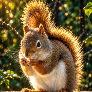 May include: A small squirrel with reddish-brown fur and a white underbelly, holding a piece of food in its front paws. The squirrel has a bushy tail and long whiskers, with sunlight backlighting its fur to create a glowing, golden rim effect.