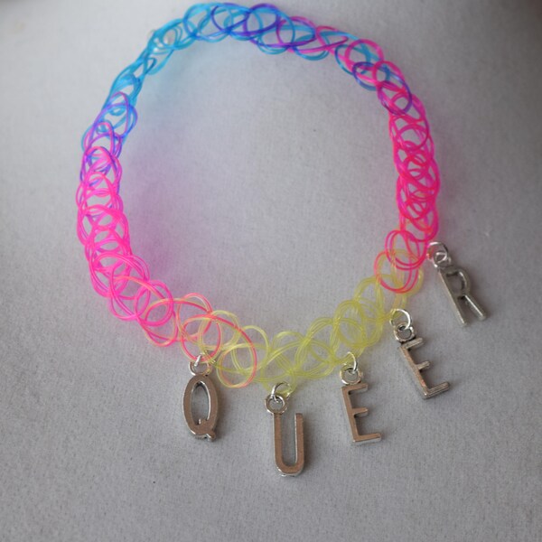 QUEER tattoo choker - silver letter charm tattoo choker ~ queer lesbian lgbtqia pride jewelry
