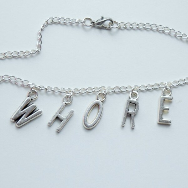 WHORE word chain ~ silver plated chain choker necklace ~ mature grrrl slut jewelry
