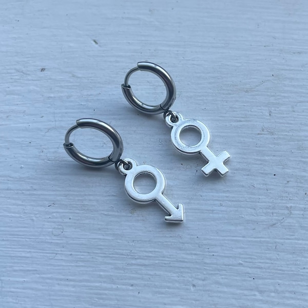 Genderfluid Huggie Hoops Pair ~ Stainless Steel Small Hoop Earrings mars & venus symbol charm earrings ~ lgbtqia genderqueer pride jewelry