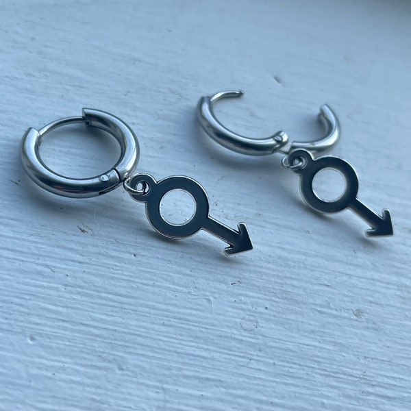 Mars Symbol Huggie Hoops / 8mm 10mm Stainless Steel Silver Hoop Earrings / Small Male Boy Symbol Pride Earrings Single or Pair