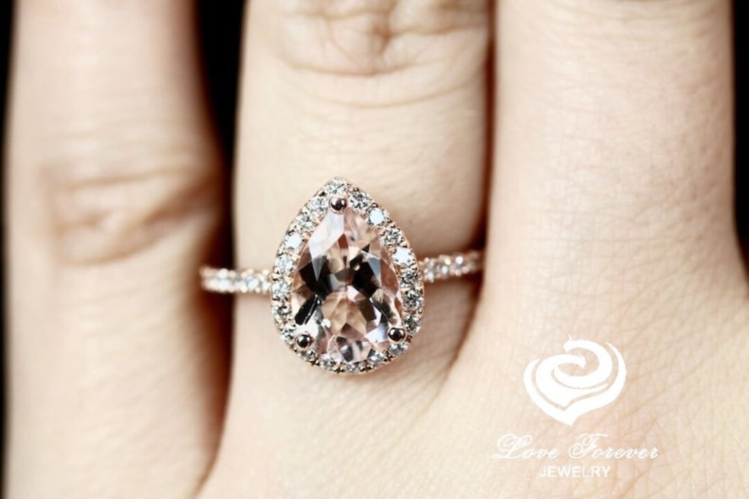 Pear Cut Engagement Ring in 14k Rose Gold, Diamond Halo Ring, Morganite ...