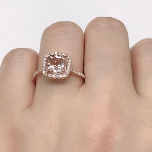14k Rose Gold Diamond Ring Morganite Ring 7mm Cushion Cut Morganite Halo Diamond Engagement Ring (Bridal Wedding Set Available)