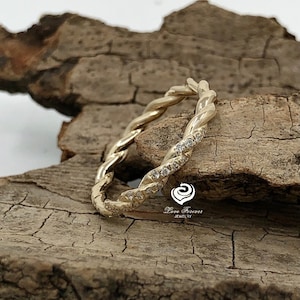 14k Yellow Gold Diamond Band, HALFWAY Diamond Infinity Twisted Wedding Band, Matching Band, Anniversary Ring Band (Other Metals Available)