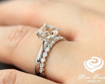 White Gold Morganite Cushion Cut Wedding Set, Cushion Morganite Engagement Ring, Morganite Engagement Ring Set, Diamond Ring
