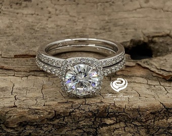 1 CT Round Halo Engagement Ring 14k White Gold, Moissanite Engagement Ring, Diamond Bridal Set, Forever One Engagement Ring Set