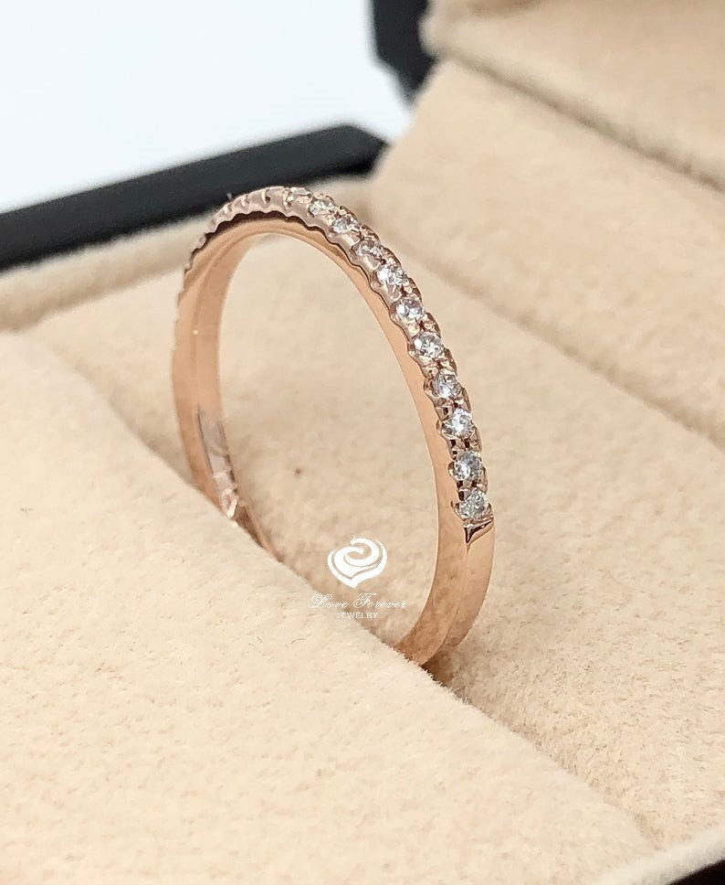 14kt Solid Gold Thin Diamond Micropave Matching Band 0.15cts Diamond Matching Wedding Band Dainty Pave Ring image 7