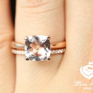 Rose Gold Morganite Cushion Cut Wedding Set, Cushion Morganite Engagement Ring, Morganite Wedding Set, Morganite Engagement Ring Set