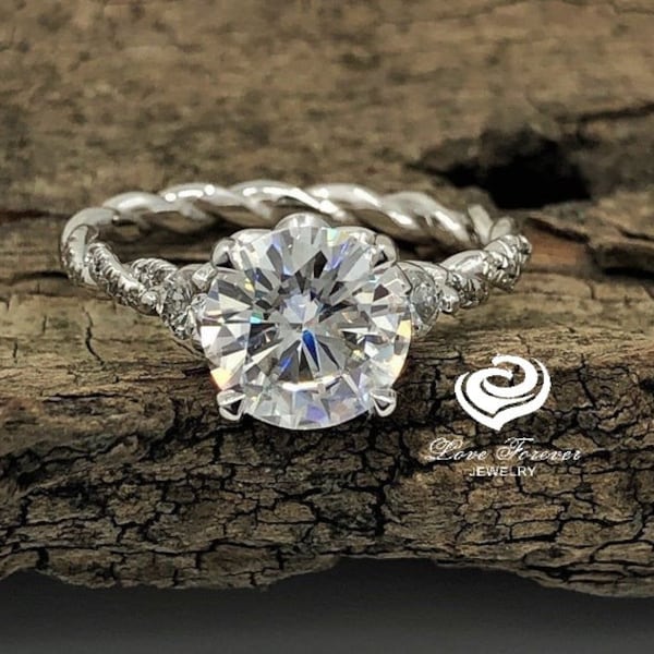 14k White Gold Diamond Ring Engagement Ring Forever One Certified 7mm/1.25 Carats Round D-F Color Moissanite Ring Diamond Twisted Ring